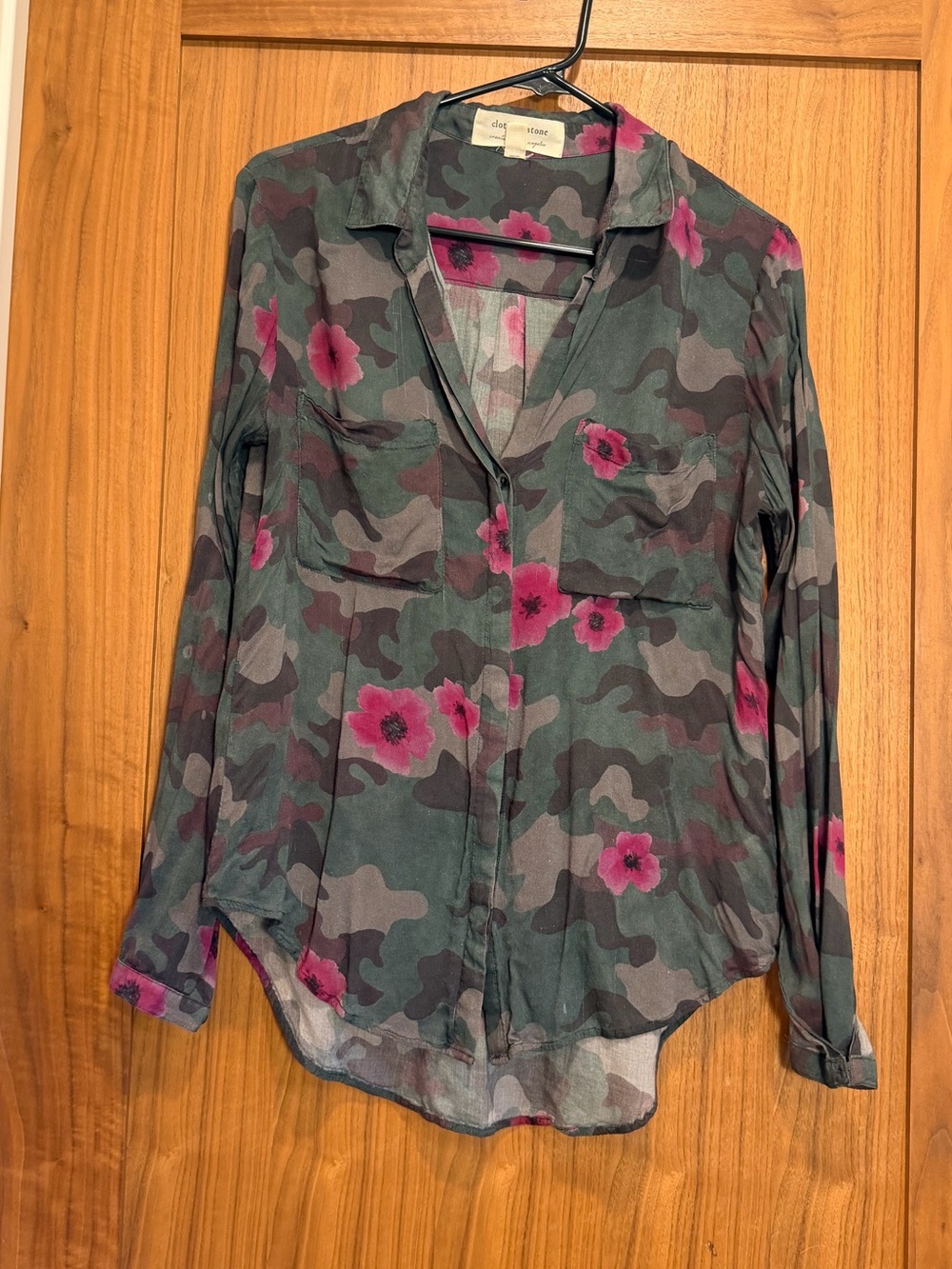 cloth & stone Green Camo Button-Down with Pink Floral Accents
